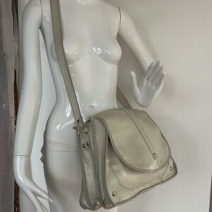 Elena Girardi Large Lizard Embossed Crème Gray Leather Shoulder Crossbody Bag